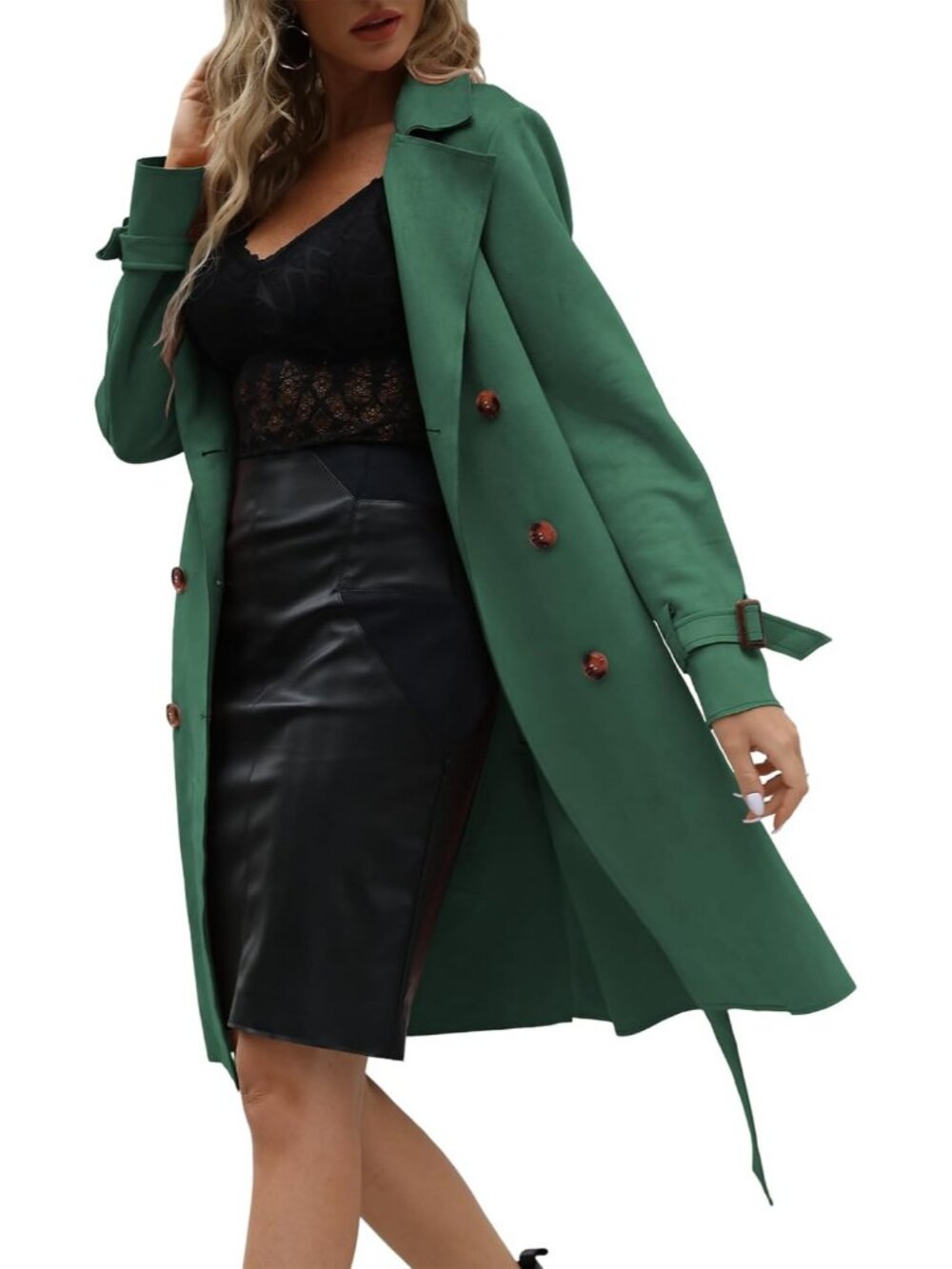 Women's Green Polyester Long Sleeve Classic Cuffs Pockets Trench Coat Jackets